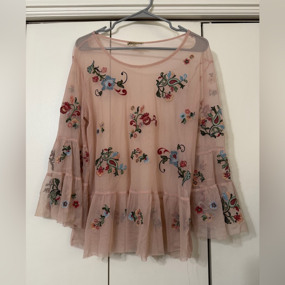Democracy Pink Floral Embroidered Sheer Blouse